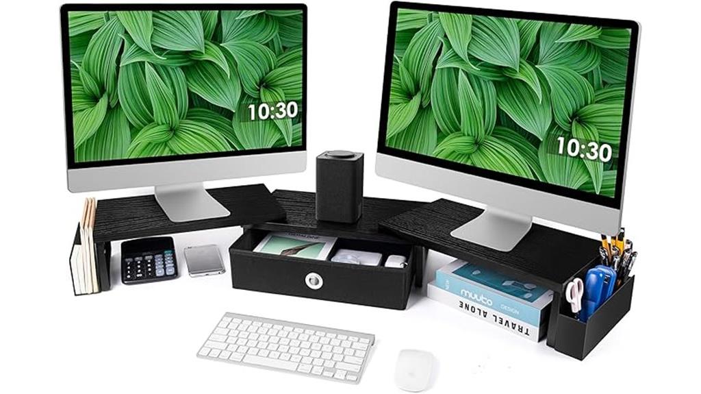 dual monitor riser with drawer